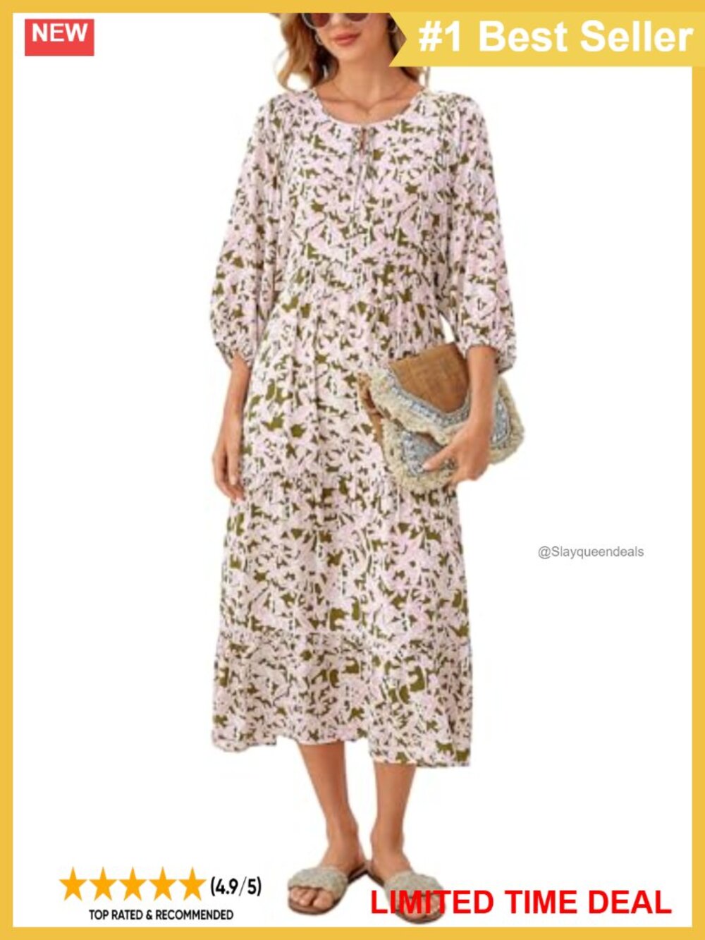Women 3/4 Sleeve Floral V-Neck Maxi Dress Loose Swing Bohemian Casual